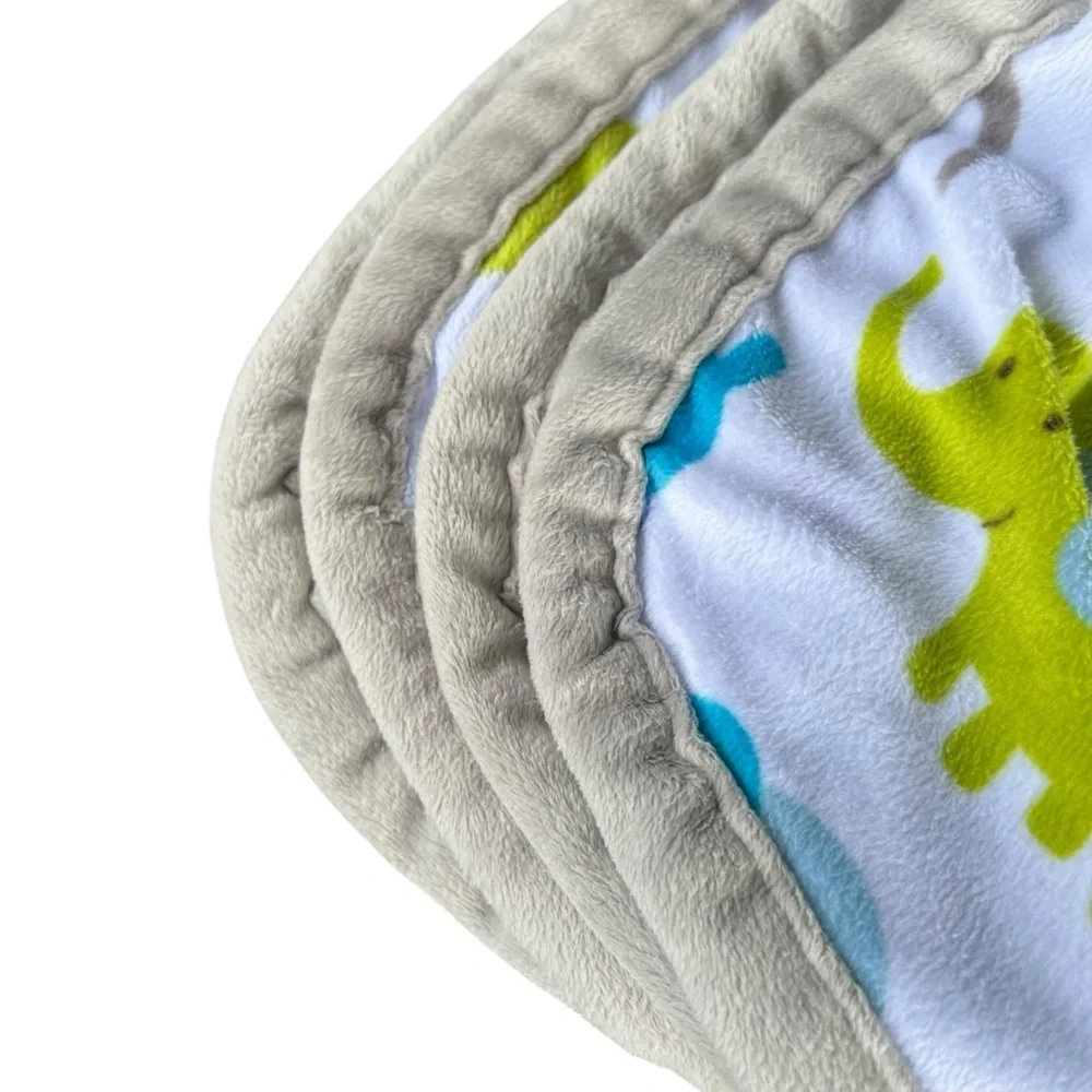 Blankets & Beyond Elephants Plush Double-Sided Baby Blanket Green Blue 27x31 HTF